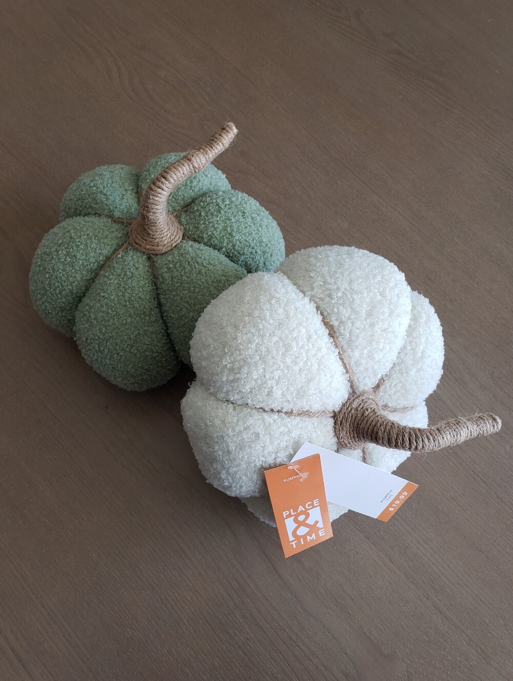 Set Of Two Plush Decorative Pumpkins - Sage Green & Cream
